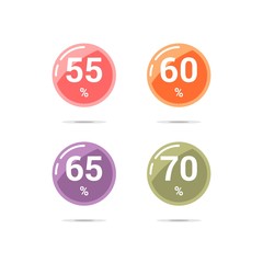 Sale discount circle icons. Special offer price signs. 55, 60, 65 and 70 percent off reduction symbols. Colored vector flat elements badges