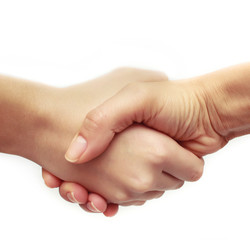Shaking hands of two people, isolated on white