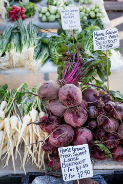 Fresh Beetroot And Parsnips At Salamanca Market In Hobart, Tasmania, Australia