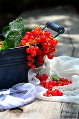 Rote Johannisbeeren in grauer Schale auf rustikalem Holz mit hellem Tuch