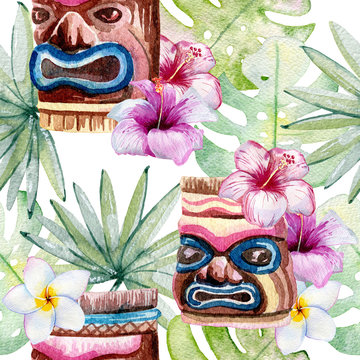 Tropical watercolor illustration with leaves, mask and flowers.