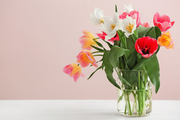 Vase with beautiful tulips on  light table against color background