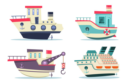 Fishing and cruise boats set. Vector cartoon flat ships side view isolated on white background.