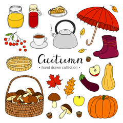 Set of hand drawn autumn items.
