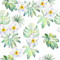 Tropical seamless watercolor pattern with green leaves and flowers.