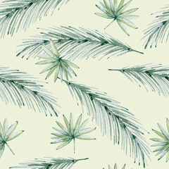Tropical seamless watercolor pattern with green leaves.