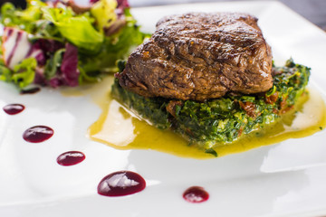 Fried piece of meat with herbs and spices on wooden background