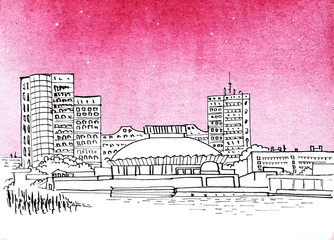 Panorama of Chelyabinsk city. Buildings on a fare bank of river. Sunset orange sky. Hand drawn black ink pen liner illustration. on a red watercolor background.