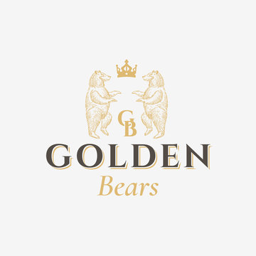 Golden Bears Abstract Vector Sign, Symbol or Logo Template. Hand Drawn Bear Sillhouettes with Classy Retro Typography. Vintage Heraldry Vector Crest or Emblem.