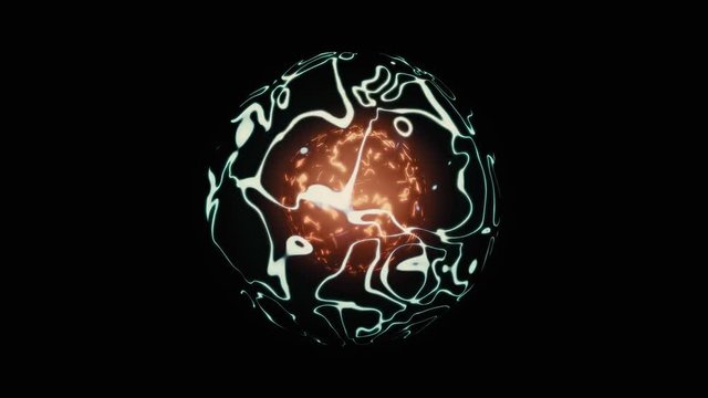 3d animation of abstract isolated orange magical orb. Burning sphere with plasma ring appears and bursts on black background. Magic and power concept object. Shiny colorful VFX design element in 4K.