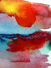 Watercolor abstract bright colorful textural background handmade . Painting of sky and clouds during sunset  . Modern seascape