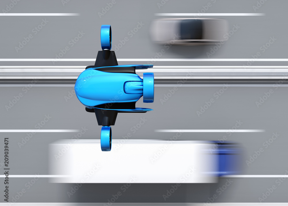 Poster top view of blue vtol drone flying over highway bridge. concept for fast delivery service. 3d render