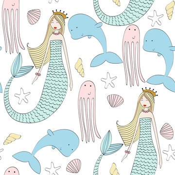 Vector seamless pattern with a mermaid and an octopus, dolphin