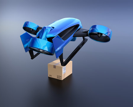 Metallic blue VTOL drone carrying delivery packages takeoff from black background. 3D rendering image.