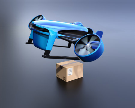 Metallic blue VTOL drone carrying delivery packages takeoff from black background. 3D rendering image.
