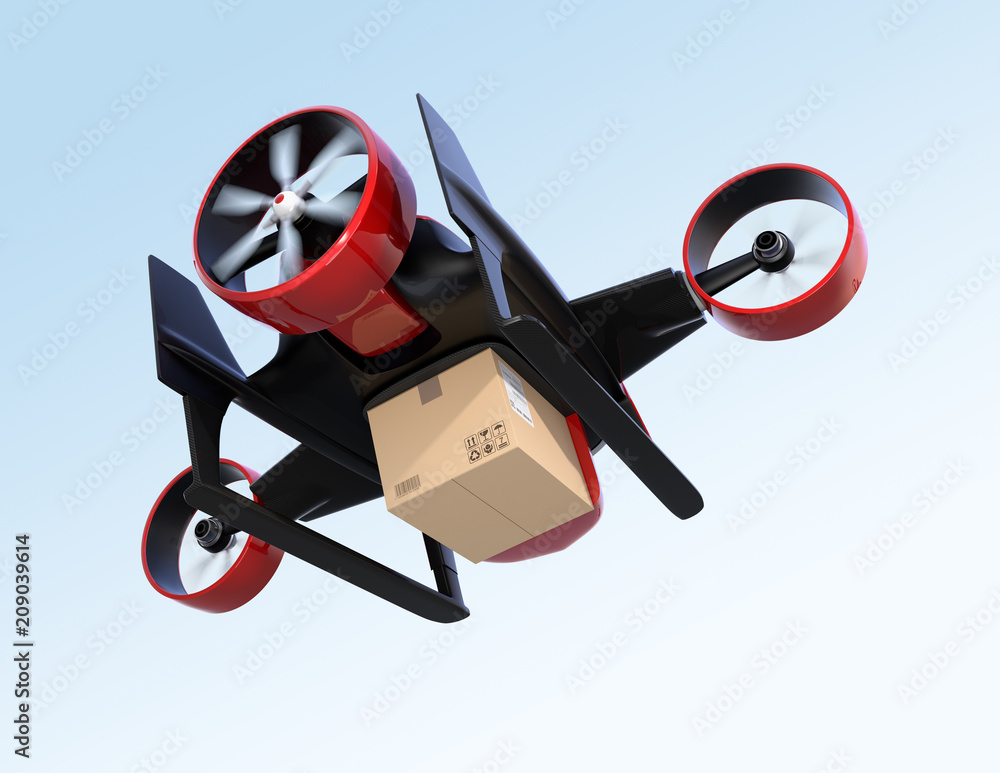 Poster rear view of red vtol drone carrying delivery package flying in the sky. 3d rendering image.