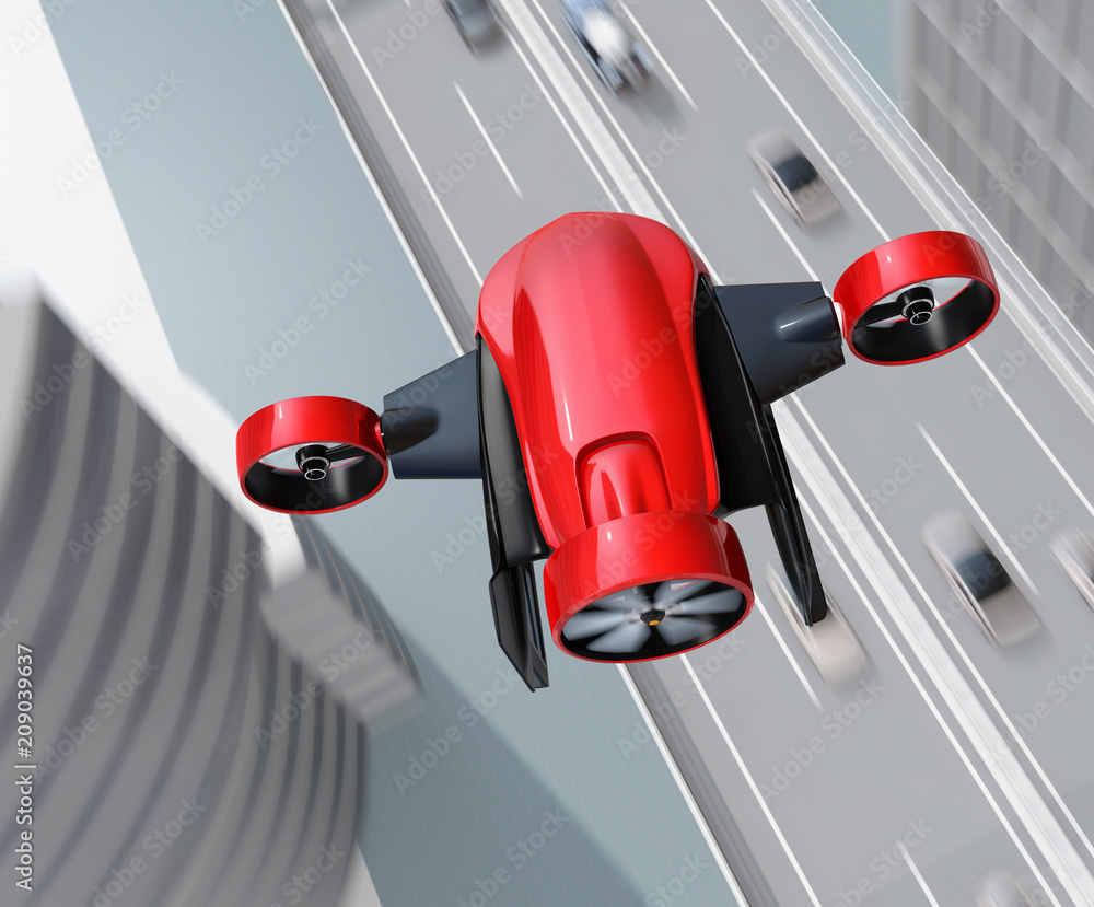 Poster top view of red vtol drone carrying delivery packages flying over highway bridge. concept for fast d