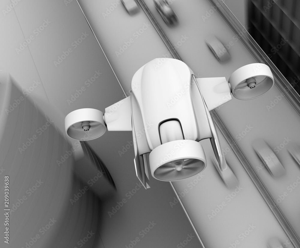 Aufkleber clay rendering of vtol drone carrying delivery packages flying in the sky. concept for fast delivery
