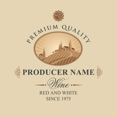 Vector label for wine with landscape of vineyards and Italian village on the background of sunset or sunrise in oval frame in retro style