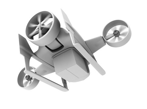 Clay rendering of VTOL drone carrying delivery package on white background. 3D rendering image.