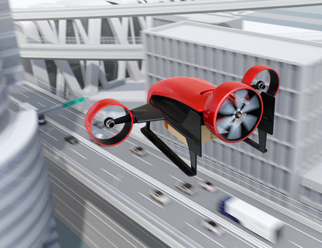 Rear view of red VTOL drone carrying delivery packages flying in the sky. Concept for fast delivery service. 3D rendering image.