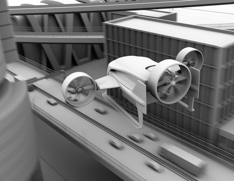 Clay rendering of VTOL drone carrying delivery packages flying in the sky. Concept for fast delivery service. 3D rendering image.