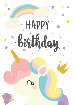 Happy birthday card with cute unicorn. Greeting.