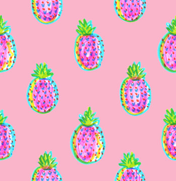 Seamless background pattern with bright neon pink and blue tropical pineapples painted in highlighter felt tip pen on pastel pink background