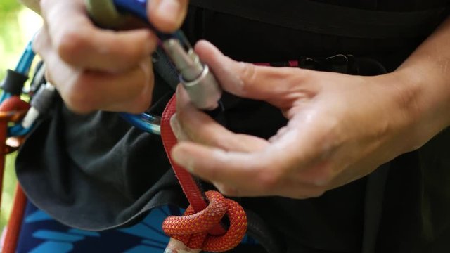 Hands fasten carabiner in climber harness.