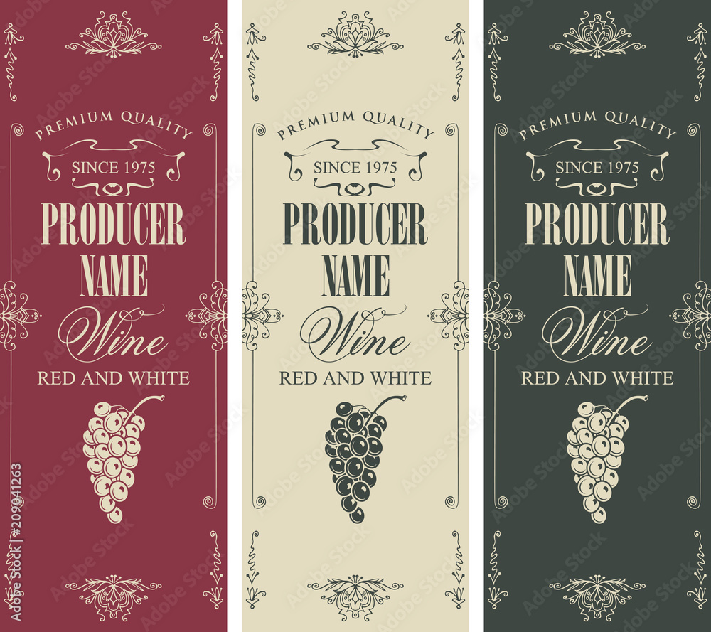 Poster vector set of three labels for red and white wine with bunches of grapes and calligraphic inscriptio