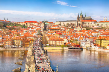View of Charles Bridge, Prague Castle and Vltava river in Prague, Czech Republic from above. Nice...