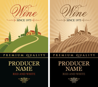 Vector set of labels for red and white wine with landscape of vineyards and Italian village on the background of sunset or sunrise in retro style with calligraphic inscription.