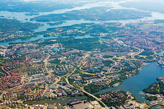 Aerial shot over Solna Lidingo Sweden