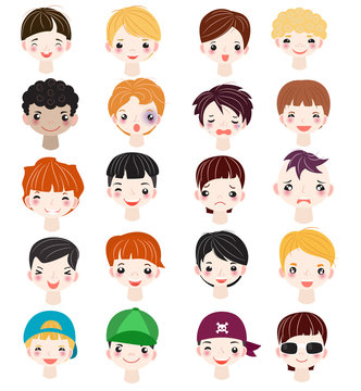 Boy portrait vector kids character face of guy with male hairstyle and cartoon manlike person with various skin tone illustration set of man-child facial features isolated on white background