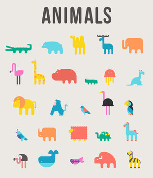 Cute Animals Vector illustration Icon Set isolated on a white background. Geometric vector illustration flat design.