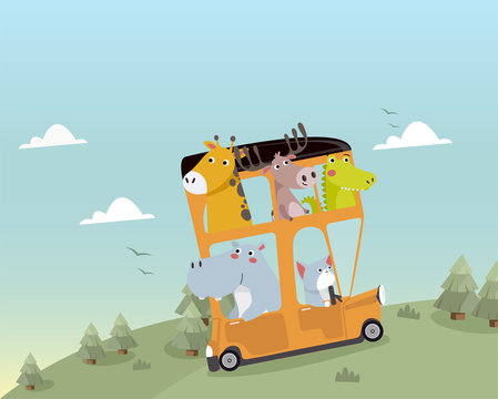 Cute animals traveling by bus.