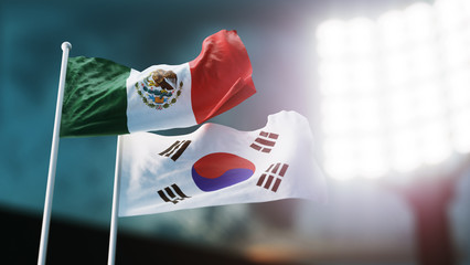 3D Illustration. Two national flags waving on wind. Night stadium. Championship 2018. Soccer. Mexico versus South Korea