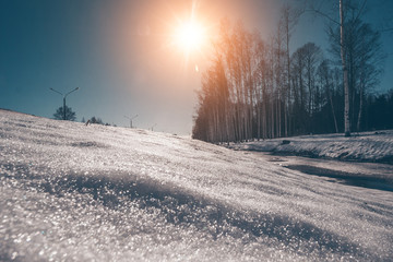 The thick snow cover in the foreground on a frosty winter day at the edge of the forest, the bright...
