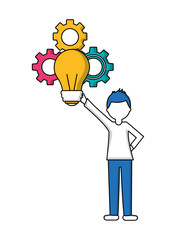 man holding bulb idea gears teamwork vector illustration