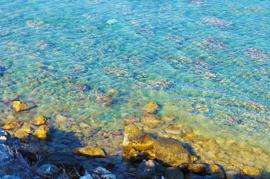 Stony sea shore and rocks in the  transparent water