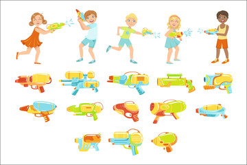 Obraz premium Kids Playing With Water Pistols And Assortment Of Guns