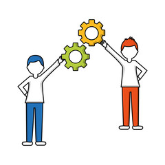 businesspeople holding gears together teamwork vector illustration