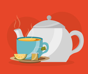 teapot and teacup with lemon and teabag - tea time vector illustration