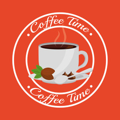 coffee cup seeds and spoon on dish - coffee time sticker vector illustration