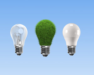 Light bulbs for ECO and green energy concept, isolated on blue background, 3D illustration.