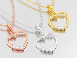 3D illustration three yellow and rosr gold and silver diamond heart necklaces on chains