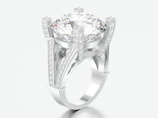 3D illustration white gold or silver solitaire engagement decorative diamond ring
