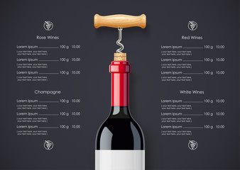 Red Wine bottle, cork and corkscrew concept design for wines