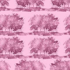 Watercolor seamless pattern, pink background, with vintage pattern - watercolor landscape, tree, bush, , splash of paint. Fashionable vintage illustration of pink, pinklilac color.