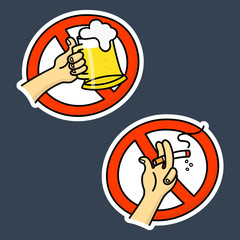 Flat vector cartoon design concept of no alcohol and no smoking signs for web and media decorations.